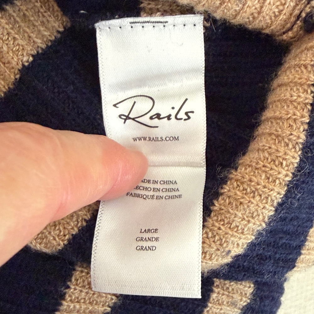 Rails Harris Wool Cashmere Polo Sweater in Camel Navy Stripe Size L - Picture 13 of 15